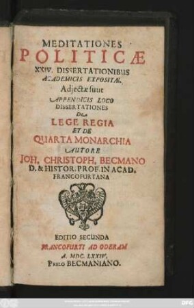 Meditationes Politicae XXIV. Dissertationibus Academicis Expositae