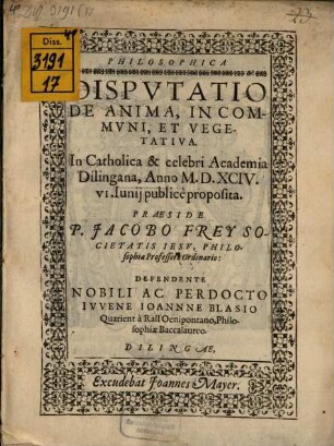 Philosophica disputatio de anima, in communi, et vegetativa