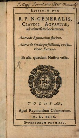 Epistolae duae: altera de renovatione spiritus, altera de studio perfectionis, et charitate fraterna