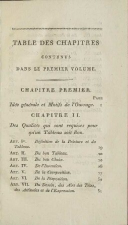 Table des Chapitres contenus dans le premier volume