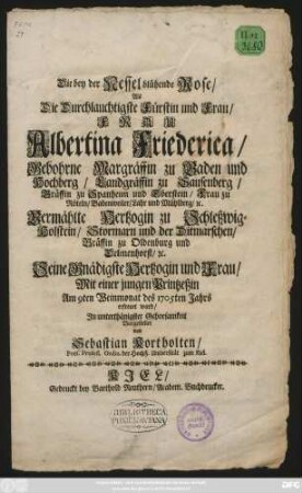 Die bey der Nessel blühende Rose, Als Die Durchlauchtigste Fürstin und Frau, Frau Albertina Friederica, Gebohrne Marggräffin zu Baden und Hochberg ... Vermählte Hertzogin zu Schleßwig-Holstein ... Mit einer jungen Printzeßin Am 9ten Weinmonat des 1705ten Jahrs erfreuet ward