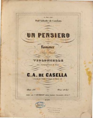 Un pensiero : romance sans paroles ; pour violoncelle avec accompagnement de piano ; oeuv. 29