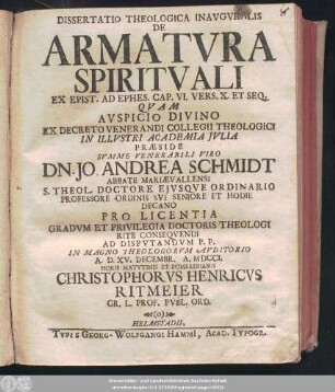 Dissertatio Theologica Inavgvralis De Armatvra Spiritvali Ex Epist. Ad Ephes. Cap. VI. Vers. X. Et Seq.