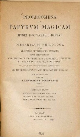 Prolegomena ad Papyrum magicam musei Lugdunensis Batavi