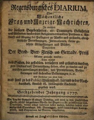 Regensburgisches Diarium oder wöchentliche Frag- und Anzeige-Nachrichten, 1777 = Jg. 16