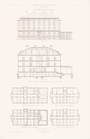 Garnison-Lazarett, Berlin-Tempelhof: Grundriss Keller, EG, 1.OG, 2.OG, Vorderansicht, Längsschnitt Verwaltungsgebäude (aus: Atlas zur Zeitschrift für Bauwesen, hrsg. v. G. Erbkam, Jg. 29, 1879)