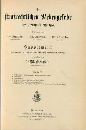 [Bd. 1], Suppl. 1: Kommentare zu den strafrechtlichen Nebengesetzen