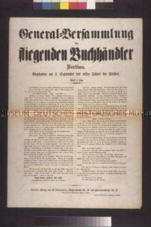 Maueranschlag: General-Versammlung der fliegenden Buchhändler. Satire über die Verhandlungsmethoden der Preußischen Nationalversammlung; undatiert