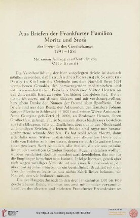 Neue Folge 1927: Aus Briefen der Frankfurter Familien Moritz und Stock, der Freunde des Goethehauses 1791-1851