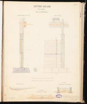 Hochofenanlage mit Verbindungsbahn Schinkelwettbewerb 1863: 3 Querschnitte durch Fluss und Graben; Flutschleuse: Ansicht und Schnitte; 2 Maßstabsleisten