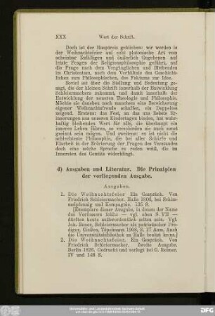 d) Ausgaben und Literatur. Die Prinzipien der vorliegenden Ausgabe.