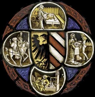 Vierpass-Scheibe mit Wappen der Reichsstadt Nürnberg, Minneszenen und Narr am Brunnen