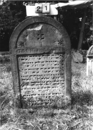 Grabstein 21 (Index: 100110918) Material: Sandstein Zustand: Giebel beschädigt, stärker verwittert mit geringem Textverlust Maße HxBxT: 120x71x11 cm Beschreibung: Stele, Rundbogenabschluß, Schriftfelder eingetieft Symbolik: 2 Rosetten: Grabstein 21