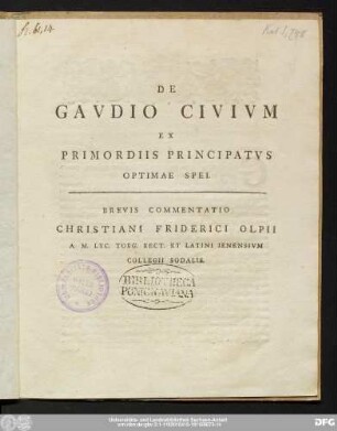 De Gavdio Civivm Ex Primordiis Principatvs Optimae Spei