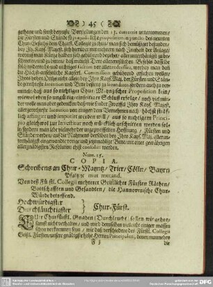 Num. 15. Copia. Schreibens an Chur-Mayntz, Trier, Cölln, Bayrn Pfaltz u mut mutand
