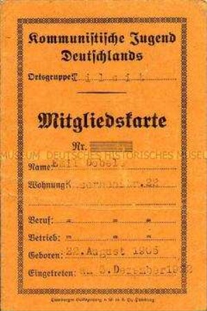 Mitgliedsausweis der Kommunistischen Jugend Deutschlands