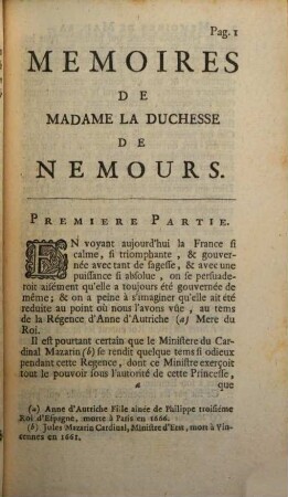 Mémoires De Madame La Duchesse De Nemours : Contenant ce qui s'est passé de plus particulier en France pendant la Guerre de Paris, jusqu'à la prison du Cardinal de Retz en 1652 avec les differens caracteres des Personnes de la Cour
