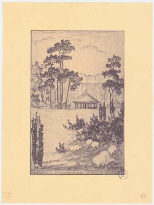 Erweiterungsplanung Volkspark Jungfernheide (Nordostteil), Berlin-Wedding: Perspektivische Ansicht mit Blick auf die Unterstandshalle, Stempel