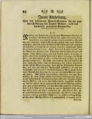 Zwote Abtheilung. Von den besonderen Beweiß-Gründen für die gegebene Erklärung des Landes-Gesetzes, nebst den darwieder gemachten Einwürffen