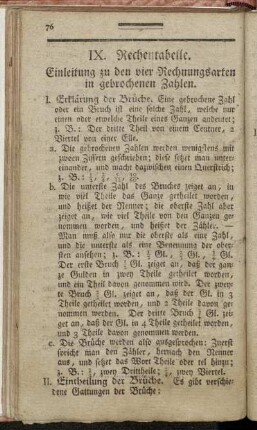 IX. Rechentabelle. Einleitung zu den vier Rechnungsarten in gebrochenen Zahlen.