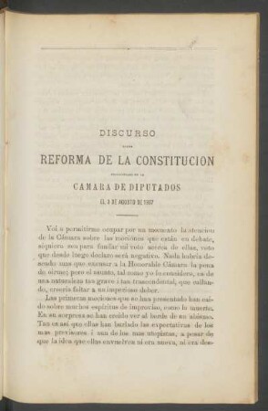 Discurso sobre reforma de la Constitución pronunciado en la Cámara de Diputados, el 3 de Agosto de 1867