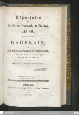 Rabelais, ou le presbytère de Meudon : comédie-anecdote, mêlee de couplets