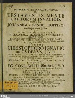 Dissertatio Inauguralis Iuridica De Testamentis Mente Captorum Invalidis Contra Johannem a Sande, Hoppium : multosque alios Jctos