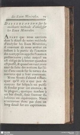 Dissertation sur la meilleure méthode d'analyser les Eaux Minérales
