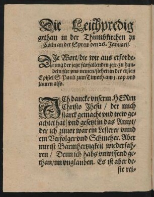 Die Leichpredig gethan in der Thumbkirchen zu Cölln an der Sprew den 26. Januarii.