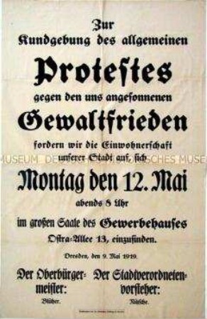 Maueranschlag mit dem Aufruf zu einer Protestkundgebung gegen den Versailler Vertrag