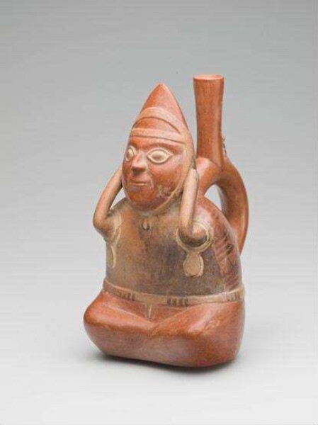 Stirrup spout vessel; sitting man with coca accessories on the back of his head