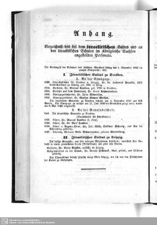 Verzeichniß des bei dem israelitischen Cultus und an den israelitischen Schulen im Königreiche Sachsen angestellten Personale