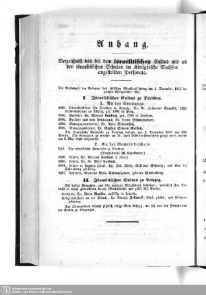 Verzeichniß des bei dem israelitischen Cultus und an den israelitischen Schulen im Königreiche Sachsen angestellten Personale