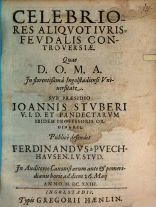 Celebriores Aliqvot Ivris Fevdalis Controversiae