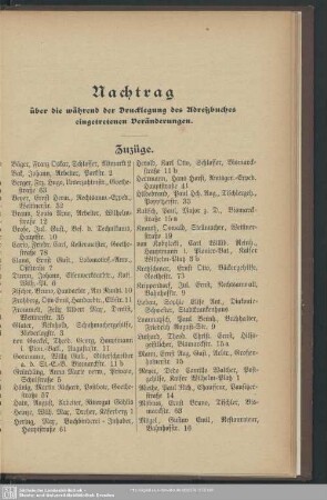 Nachtrag über die während der Drucklegung des Adreßbuches eingetretenen Veränderungen