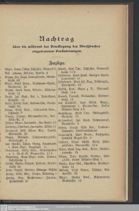 Nachtrag über die während der Drucklegung des Adreßbuches eingetretenen Veränderungen