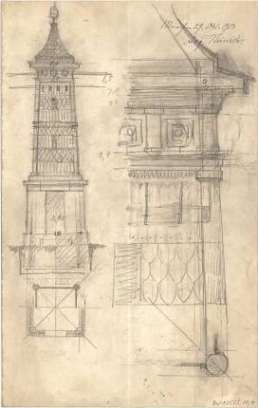 Thiersch, August ; Transformationsstationen, Masttransformatoren, Entwürfe - Grundriss, Ansicht, Schnitt