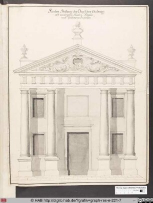 Ansicht eines Tempelportikus dorischer Ordnung, "Säulen Stellung der Dorischen Ordnung. Mit niedrigem Säulen-Stuhle, nach Goldmanns Art"