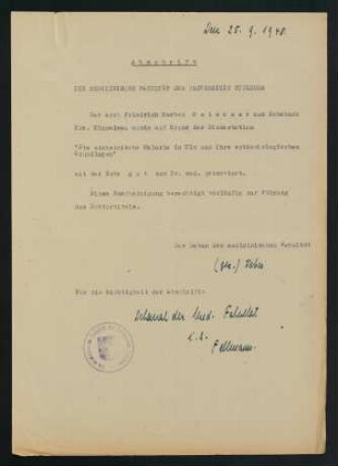 Abschrift: Berechtigung zur Führung des Doktortitels. 25.9.1948