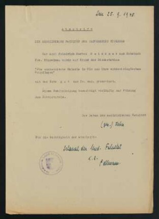 Abschrift: Berechtigung zur Führung des Doktortitels. 25.9.1948