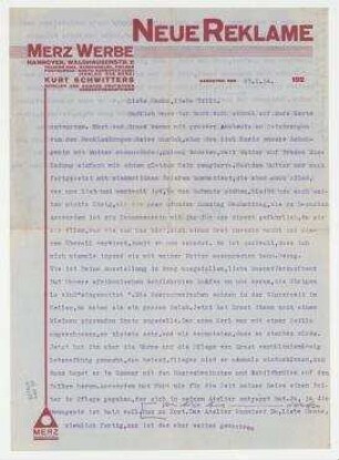 Brief von Helma Schwitters an Hannah Höch [und Til Brugman]. Hannover. Briefkopf: "NEUE REKLAME/MERZ WERBE [...]"