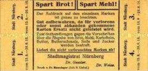 Lebensmittelkarte der Stadt Nürnberg für Brot und Mehl mit 4 Marken