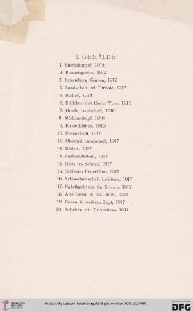 I. Gemälde (Nr. 1-34)