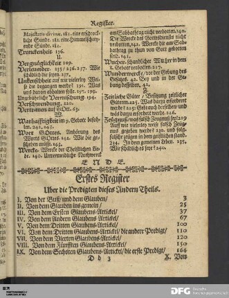 Erstes Register Uber die Predigten dieses Andern Theils