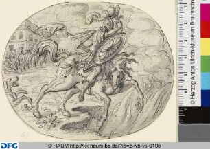 Sechs Zeichnungen zur römischen Geschichte: a) Kampf der Horatier gegen die Curiatier; b) Marcus Curtius; c) Horatius Cocles; d) Marcus Valerius; e) Mucius Scaevola; f) Titus Manlius