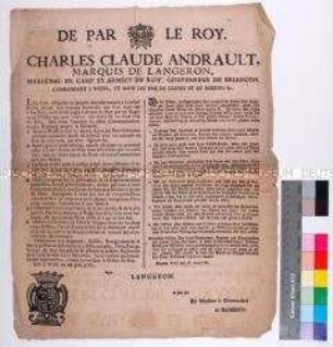 Verordnung von Charles Claude Andrault Marquis de Maulevrier-Langeron über die Sicherung der Rheingrenze zwischen Homberg und Holland (in französischer und deutscher Sprache)