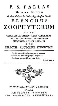 P. S. Pallas ... Elenchus Zoophytorum Sistens Generum Adumbrationes Generaliores Et Specierum Cognitarum Succinctas