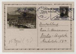 Postkarte von Raoul Hausmann an Elfriede Hausmann. Prag