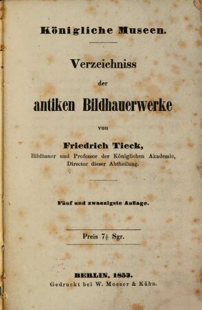 Verzeichniss der antiken Bildhauerwerke : Königliche Museen