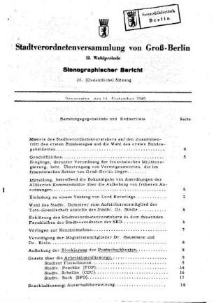 Nr. 26, 15. September 1949, Ordentliche Sitzung